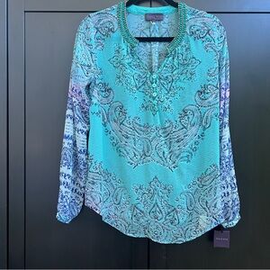 Hale Bop Semi Sheer Beaded Collar Long Sleeve Top Size XS NWT